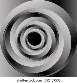 Optical illusion in the form of a narrow circular metal monochrome fractal spiral stretching into the distance.