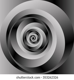 Optical illusion in the form of a narrow circular metal monochrome fractal spiral stretching into the distance.
