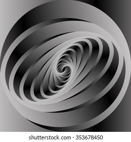 Optical illusion in the form of a narrow circular metal monochrome fractal spiral stretching into the distance.