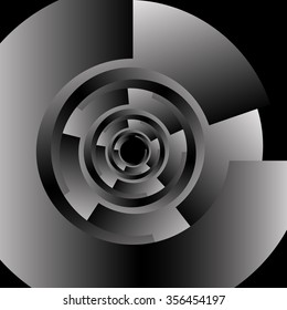 Optical illusion in the form of a narrow circular metal monochrome fractal spiral stretching into the distance.