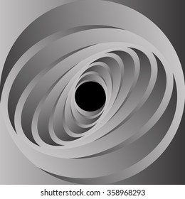 Optical illusion in the form of a narrow circular metal monochrome fractal spiral stretching into the distance.
