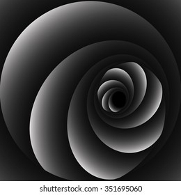 Optical illusion in the form of a round screw monochrome metal spiral on a black background.