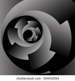 Optical illusion in the form of a round screw spiral monochrome pieces on a black background.
