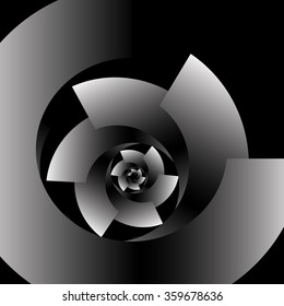 Optical illusion in the form of a round screw spiral monochrome pieces on a black background.