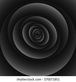Optical illusion in the form of a round screw monochrome metal spiral on a black background.