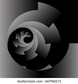 Optical illusion in the form of a round screw spiral monochrome pieces on a black background.
