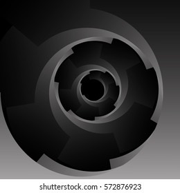 Optical illusion in the form of a round screw spiral monochrome pieces on a black background.