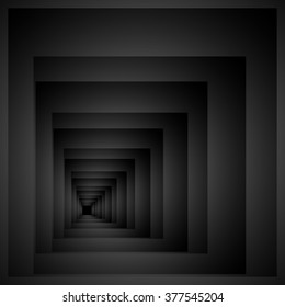 Optical illusion in the form of a rounded screw-down monochrome of the square fractal extending into the distance.
