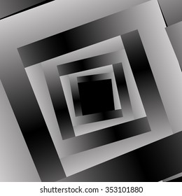 Optical illusion in the form of a square fractal swirling metallic volume monochrome spiral on a black background.