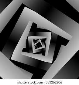Optical illusion in the form of a square fractal swirling metallic volume monochrome spiral on a black background.
