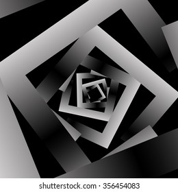 Optical illusion in the form of a square fractal swirling metallic volume monochrome spiral on a black background.