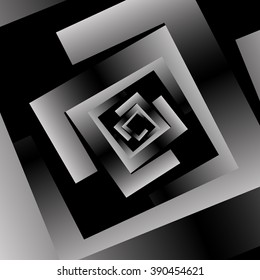 Optical illusion in the form of a square fractal swirling metallic volume monochrome spiral on a black background.