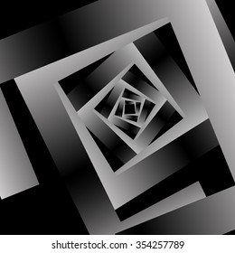 Optical illusion in the form of a square metal surround monochrome decreasing fractal on a black background.