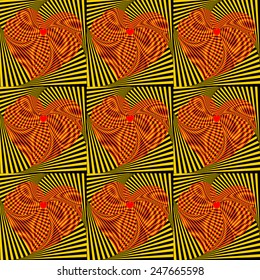 Optical illusion in the form of the twisted hearts. Abstract seamless background. Style op-art. Striped structure.