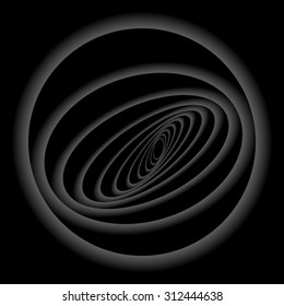 Optical illusion. Fractal in the form of a changing and passing into oval dark gray, monochrome circle.