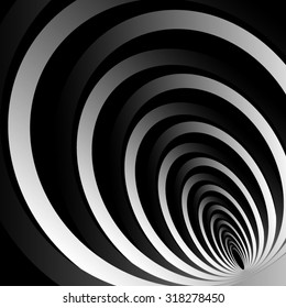 Optical illusion. Fractal radiating from the lower right corner surround elongated metal rings. All isolated.