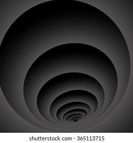Optical illusion. Fractal stretching into the distance are dark gray rings on black background.
