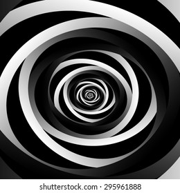 Optical illusion. Fractal twisted spiral striped with black and dark gray metal inserts, disappearing into the darkness.