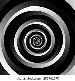 Optical illusion. Free spins volume black-and-white spiral on a black background, leaving deep.