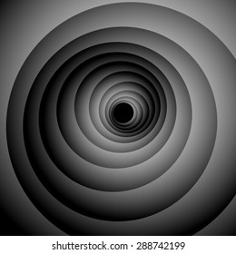 Optical illusion. Gently screwed spiral, iridescent black and white palette, disappearing into the darkness.