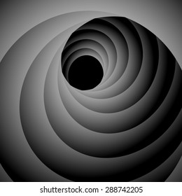Optical illusion of gently twisting dark gray spiral intricately curved.