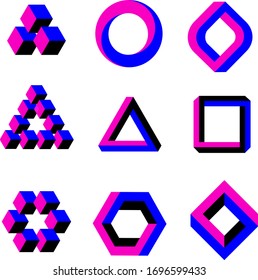 Optical Illusion Geometric Objects, Impossible Shapes In Bright Colors In EPS