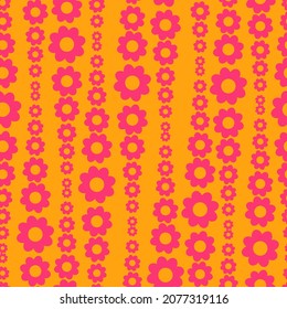 Optical illusion geometric seamless pattern. Abstract stylized geometrical flowers, simple shapes, vector illustration. Bright colors. 60s, 70s style