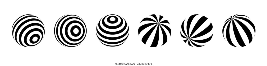 Optical illusion of the globe pack. 3D wave stripe spheres. Isolated vector illustration on white background.