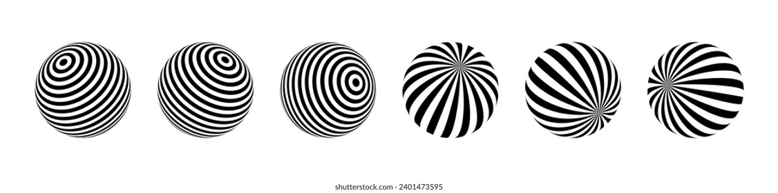 Optical illusion of the globe pack. 3D wave stripe spheres. Isolated vector illustration on white background.