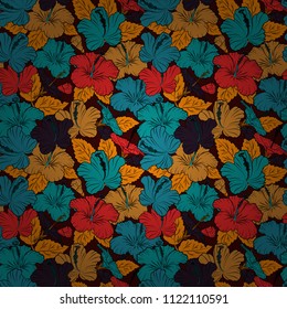 Optical illusion with hibiscus flowers. Vector illustration good for the interior design, printing, web and textile design. Seamless texture of floral ornament in orange, brown and blue colors.