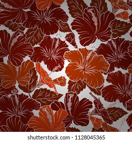 Optical illusion with hibiscus flowers. Vector illustration good for the interior design, printing, web and textile design. Seamless texture of floral ornament in red, white and orange colors.