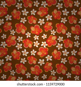 Optical illusion with hibiscus flowers. Vector illustration good for the interior design, printing, web and textile design. Seamless texture of floral ornament in brown, red and beige colors.