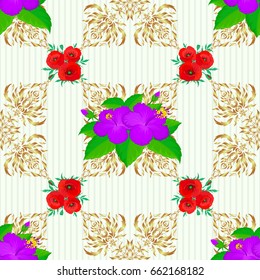 Optical illusion with hibiscus flowers. Vector illustration good for the interior design, printing, web and textile design. Seamless texture of floral ornament on a beige background.