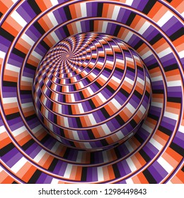 Optical illusion hypnotic vector illustration. Orange purple white black patterned sphere soaring above the same surface.