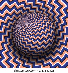 Optical illusion hypnotic vector illustration. Blue pink zigzag stripes patterned sphere soaring above the same surface.