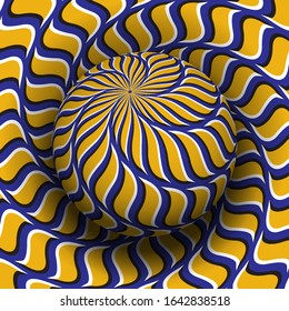 Ilusión óptica ilustración portadora hipnótica. Esfera amarilla azul con estampado que se eleva sobre la misma superficie.