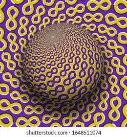 Optical illusion hypnotic vector illustration. Patterned purple yellow globe soaring above the same surface.
