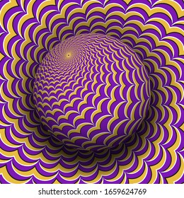Optical illusion hypnotic vector illustration of seagull symbols pattern. Patterned purple golden globe soaring above the same surface.