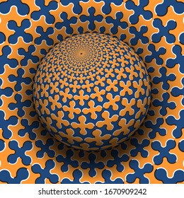 Optical illusion hypnotic vector illustration of cruciform shapes pattern. Patterned blue orange globe soaring above the same surface.
