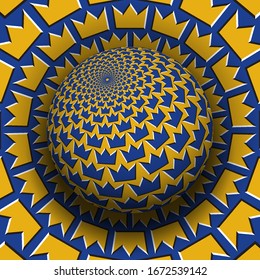 Optical illusion hypnotic vector illustration of crown shapes pattern. Patterned blue golden globe soaring above the same surface.