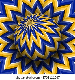 Optical illusion hypnotic vector illustration of rotating toothed pattern. Patterned golden blue globe soaring above the same surface.