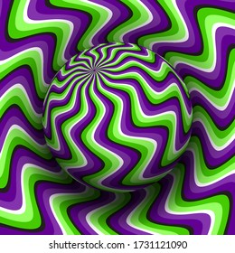 Optical illusion hypnotic vector illustration of rotating curved stripes pattern. Patterned purple green globe soaring above the same surface.