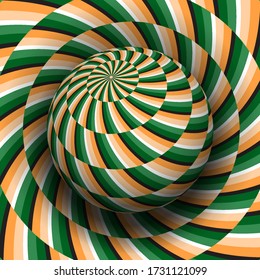 Optische Illusion hypnotische Vektorgrafik des rotierenden spiralgestreiften Musters. Orangefarbener, grüner Globus, der sich über der gleichen Oberfläche erhebt.