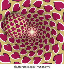 Optical illusion illustration. A ball with a hearts pattern is moving on rotating pink hearts golden funnel. Abstract fantasy in a surreal style.