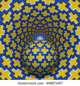 Optical illusion illustration. Ball is moving in mottled hole. Yellow crosses on blue pattern objects. Abstract fantasy in a surreal style.