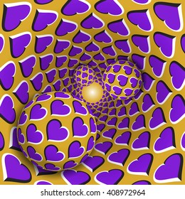 Optical illusion illustration. Three balls with a hearts pattern are moving on rotating purple hearts golden funnel. Abstract fantasy in a surreal style.