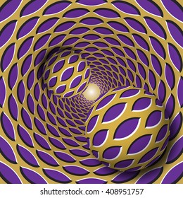 Optical illusion illustration. Two balls with a pointed ellipses pattern are moving on rotating purple pointed ellipses golden funnel. Abstract fantasy in a surreal style.