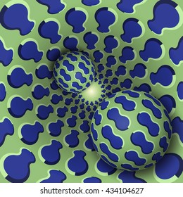 Optical illusion illustration. Two balls are moving on rotating funnel. Blue green shapes pattern objects. Abstract fantasy in a surreal style.