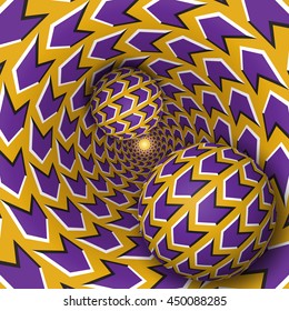 Optical illusion illustration. Two balls are moving on rotating funnel. Purple arrows on golden pattern objects. Abstract fantasy in a surreal style.