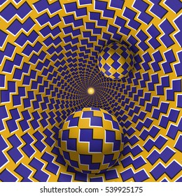 Optical illusion illustration. Two balls are moving in mottled hole. Blue shapes on yellow pattern objects. Abstract fantasy in a surreal style.